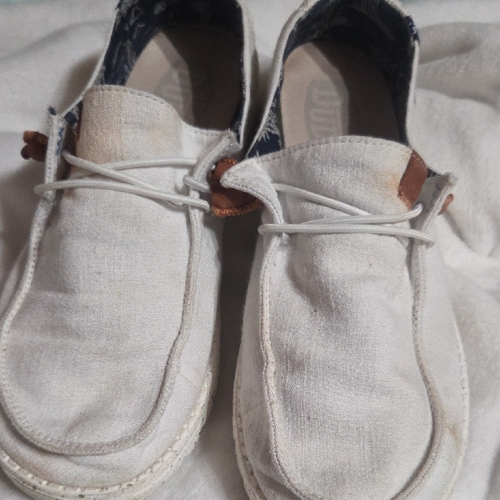 Hey Dude White Canvas Loafers with Brown Accents
